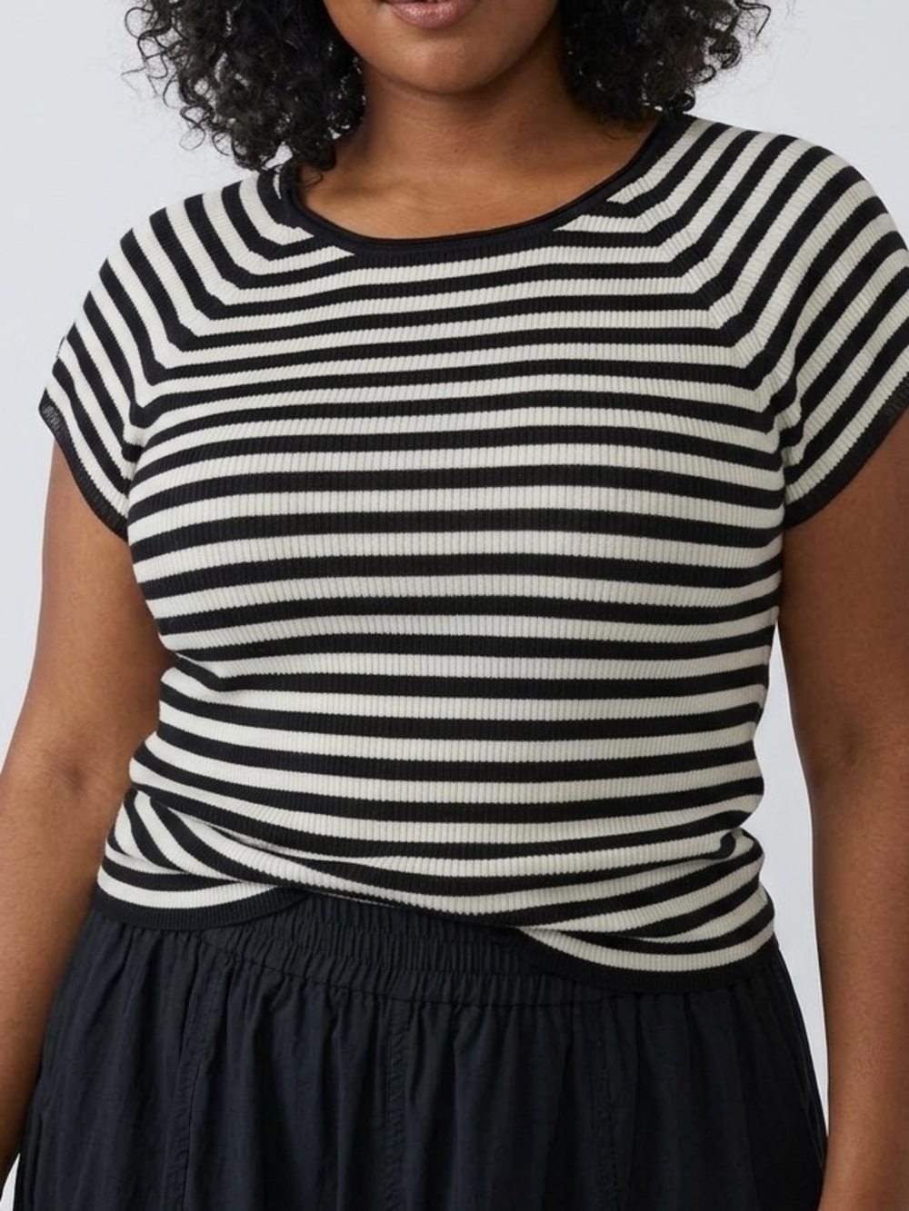 Free People Slinky Baby Tee Blouse Size Large Black White Striped